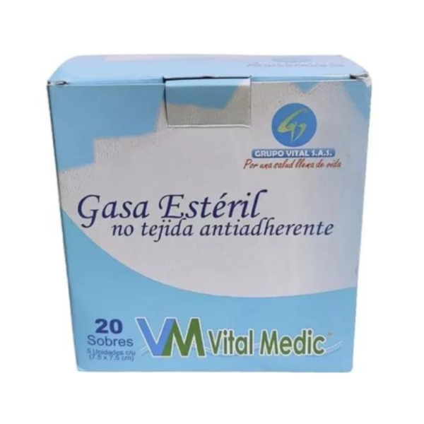 Gasa Estéril no tejida 7,5 cm x 7,5 cm (Paquete x 5 gasas / caja x 20 paquetes) - Vital Medic