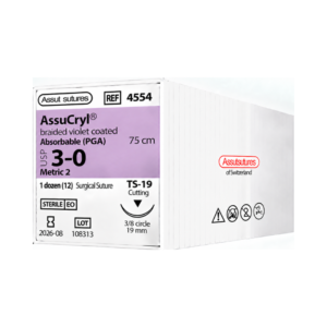 Sutura PGA 3-0 (Assut) — Sutura PGA, aguja 3/8 circulo 19 mm, hebra 75 cm violeta · REF 4554