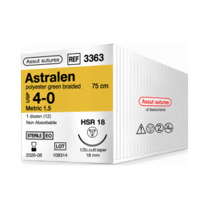 Astralen 4-0 (Assut) — Sutura Poliéster, aguja 1/2 circulo 18 mm, hebra 75 cm verde · REF 3363