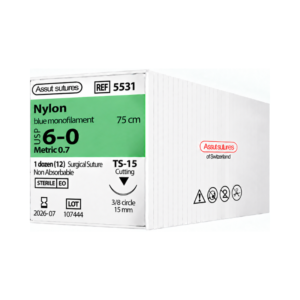 Nylon 6-0 (Assut) — Sutura Nylon, aguja 3/8 circulo 15 mm, hebra 75 cm azul · REF 5531