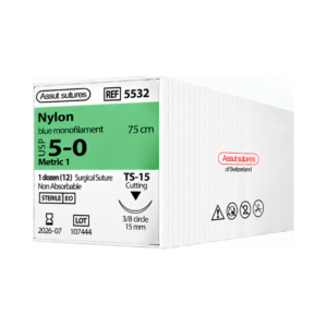 Nylon 5-0 (Assut) — Sutura Nylon, aguja 3/8 circulo 15 mm, hebra 75 cm azul · REF 5532
