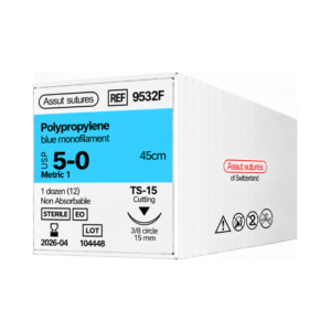 Polipropileno 5-0 (Assut) — Sutura Polipropileno, aguja 3/8 circulo 15 mm, hebra 45 cm azul · REF 9532F