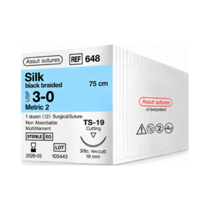 Seda 3-0 (Assut) — Sutura Seda, aguja 3/8 circulo 19 mm, hebra 75 cm negra · REF 648