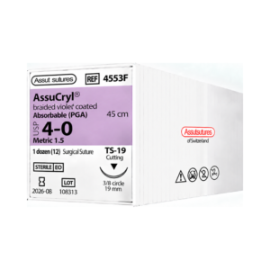Sutura PGA 4-0 (Assut) — Sutura PGA, aguja 3/8 circulo 19 mm, hebra 45 cm violeta · REF 4553F