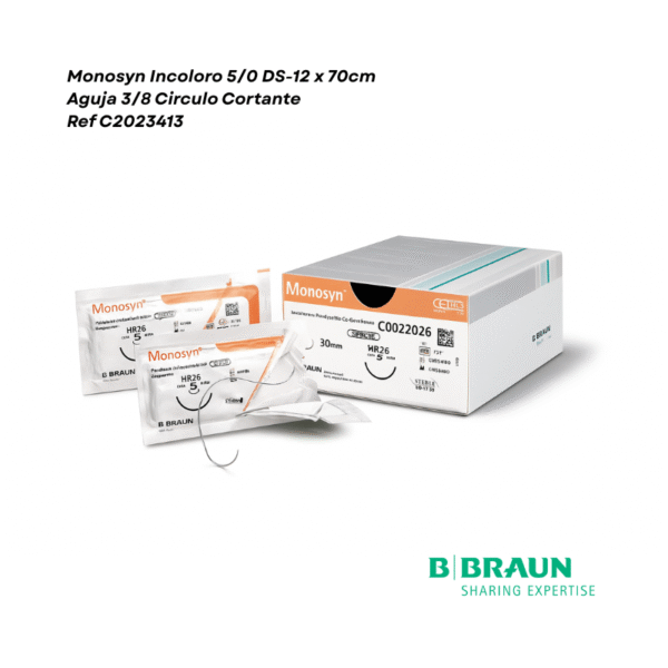 Monosyn Incoloro 5/0 DS-12 x 70cm Aguja 3/8 Circulo Cortante caja x 36 sobres - Braun