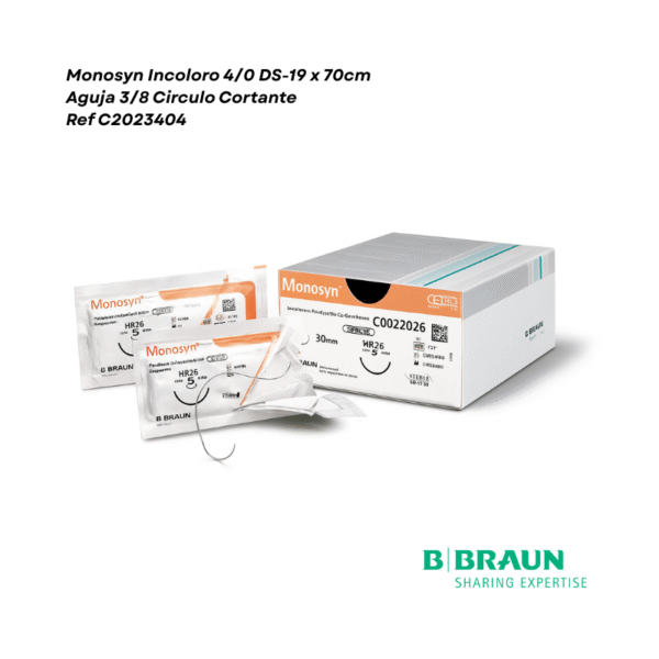 Monosyn Incoloro 4/0 DS-19 x 70cm Aguja 3/8 Circulo Cortante caja x 36 sobres - Braun