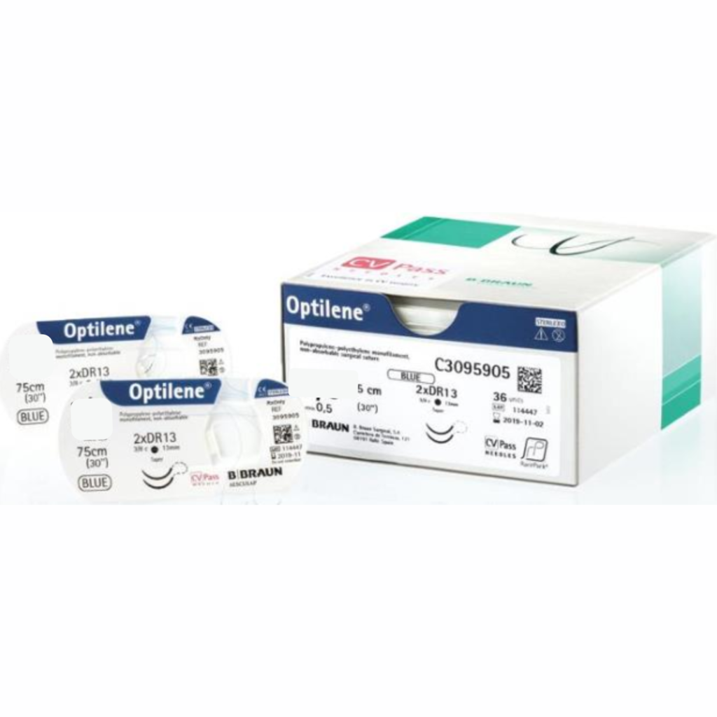 Optilene 3-0 (B. Braun) — Sutura Polipropileno, aguja Recta 60 mm, hebra 75 cm azul · REF C3090265