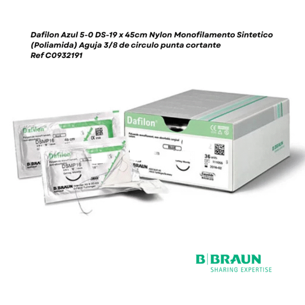 Dafilon Azul 5-0 DS-19 x 45cm Nylon Monofilamento Sintetico (Poliamida) Aguja 3/8 de circulo punta cortante caja x 36 sobres - Braun