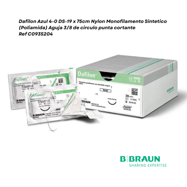 Dafilon Azul 4-0 DS-19 x 75cm Nylon Monofilamento Sintetico (Poliamida) Aguja 3/8 de circulo punta cortante caja x 36 sobres - Braun