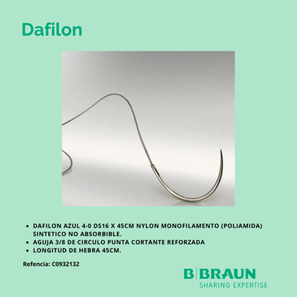 Dafilon Azul 4-0 DS-16 x 45cm Nylon Monofilamento Sintetico (Poliamida) Aguja 3/8 de circulo punta cortante Ref C0932132 caja x 36 sobres - Braun