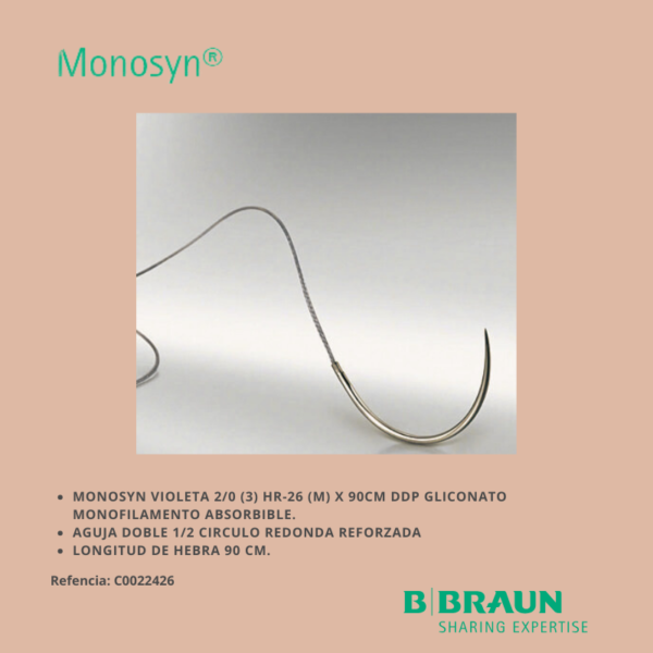 Monosyn Violeta 2/0 (3) HR-26 (M) x 90cm DDP Aguja 1/2 circulo Redonda caja x 36 sobres - Braun