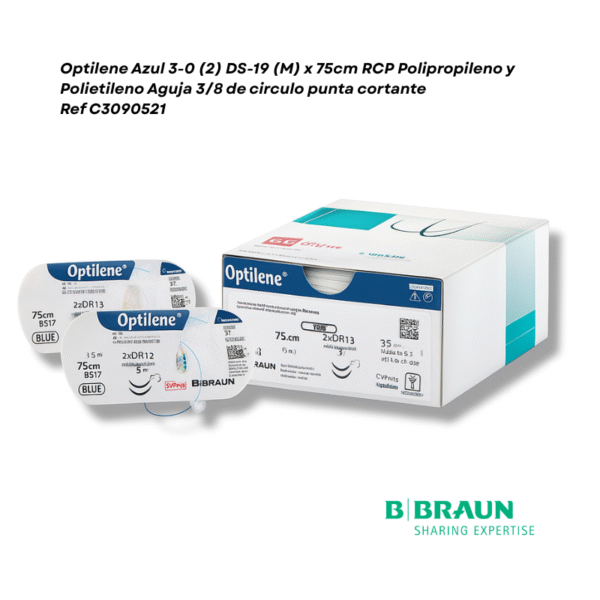 Optilene Azul 3-0 (2) DS-19 (M) x 75cm RCP Polipropileno y Polietileno Aguja 3/8 de circulo punta cortante caja x 36 sobres - Braun