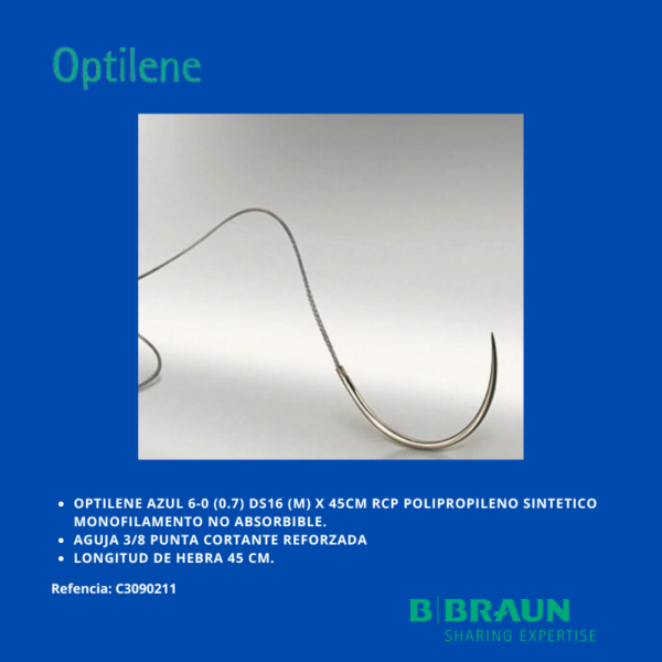 Optilene Azul 6-0 (0.7) DS-16 (M) x 45cm RCP Polipropileno y Polietileno Aguja 3/8 circulo punta cortante caja x 36 sobres - Braun