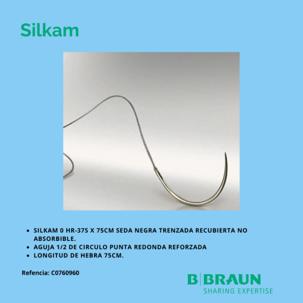 Silkam 0 HR-37S x 75cm Seda Negra trenzada recubierta Aguja 1/2 de circulo punta redonda caja x 36 sobres - Braun
