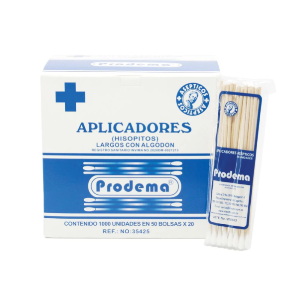 Aplicador de madera con punta de algodón caja x 50 bolsas x 20 und - Prodema