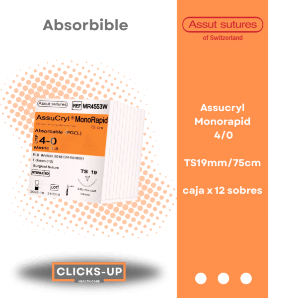 Assucryl MonoRapid 4-0 TS 19mm/75cm Policaprolactona (PGCL)-Monofilamento blanco Assut Ref: MR4553W