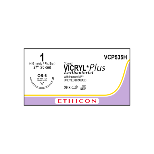Vicryl Plus Antibacterial 1 OS-6/36mm-70cm, 1/2 circulo incoloro Irgacare MP** caja x 36 unidades - Ethicon