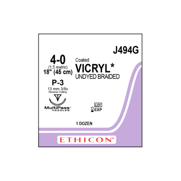 Vicryl 4-0 P-3/13mm-45cm, 3/8 circulo reverse cutting incoloro poliglactin 910 caja x 12 unidades - Ethicon