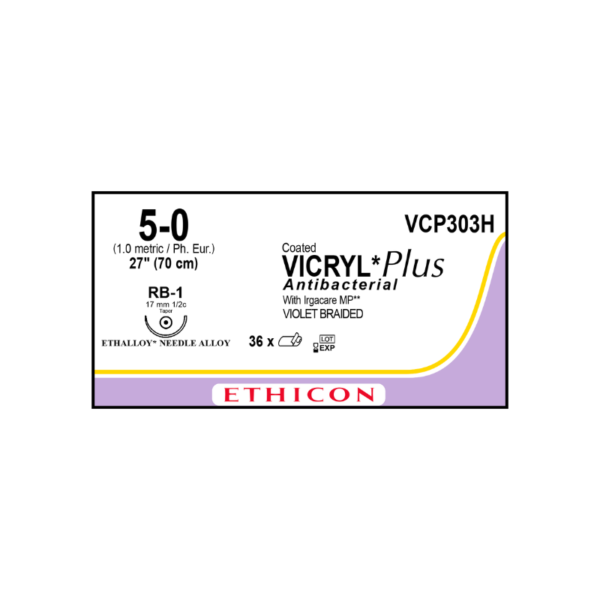Vicryl Plus Antibacterial 5-0 RB-1/17mm-70cm, 1/2 circulo poliglactin 910 caja x 36 unidades - Ethicon
