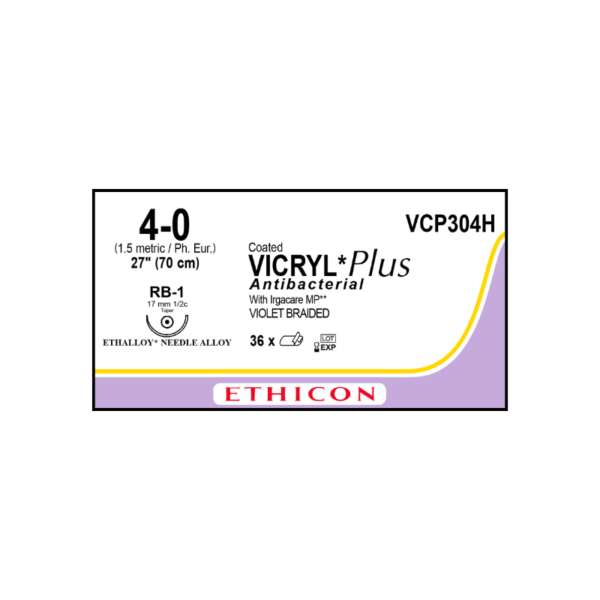 Vicryl Plus Antibacterial 4-0 RB-1/17mm-70cm, 1/2 circulo poliglactin 910 caja x 36 unidades - Ethicon