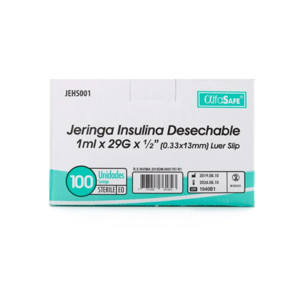 Jeringa de Insulina removible 1 ml (29Gx1/2) Caja x 100 unidades - Alfasafe
