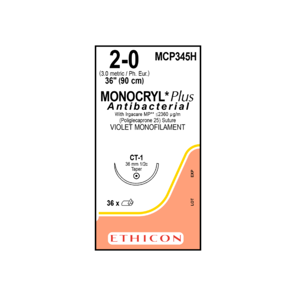 Monocryl Plus Antibacterial 2-0 CT-1/36mm-90cm, 1/2 circulo poliglecaprone 25 caja x 36 unidades - Ethicon