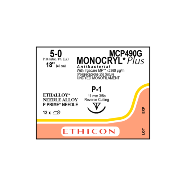 Monocryl Plus Antibacterial 5-0 P-1/11mm-45cm, 3/8 circulo incoloro poliglecaprone 25 caja x 12 unidades - Ethicon