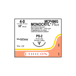 Monocryl Plus Antibacterial 4-0 PS-2/19mm-45cm, 3/8 circulo incoloro poliglecaprone 25 caja x 12 unidades - Ethicon