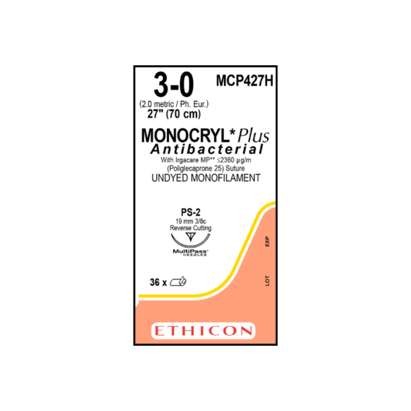Monocryl Plus Antibacterial 3-0 PS-2/19mm-70cm, 3/8 circulo incoloro poliglecaprone 25 caja x 36 unidades - Ethicon
