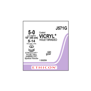 Vicryl 5-0 S-14/8mm-45cm (2), 1/4 circulo espatula needle caja x 12 unidades - Ethicon