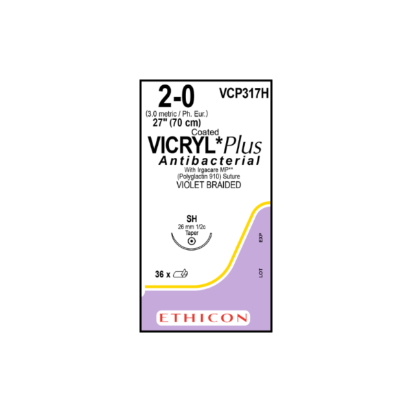 Vicryl Plus Antibacterial 2-0 SH/26mm-70cm, 1/2 circulo poliglactin 910 caja x 36 unidades - Ethicon