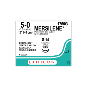Mersilene* 5-0 S-14/8mm-45cm (2), 1/4 circulo espatula needle Poliester blanco caja x 12 unidades - Ethicon