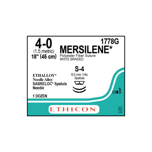 Mersilene* 4-0 S-4/8mm-45cm (2), 1/4 circulo espatula needle Poliester blanco caja x 12 unidades - Ethicon