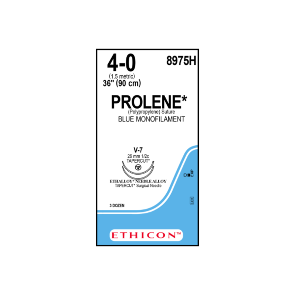 Prolene* 4-0 V7/26mm-90cm (2), 1/2 circulo tapercut Polipropileno blue monofilamento caja x 36 unidades - Ethicon
