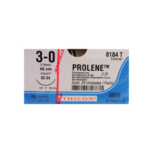 Prolene* 3-0 SC-24/24mm-45cm, 3/8 circulo ethipoint Polipropileno blue monofilamento caja x 24 unidades - Ethicon