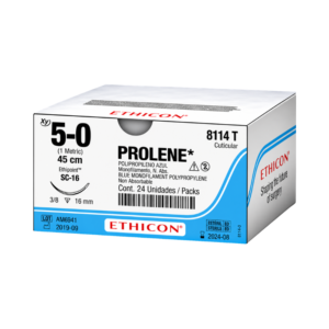 Prolene 5-0 (Ethicon) — Sutura Polipropileno, aguja 3/8 circulo 16 mm, hebra 45 cm azul · REF 8114T