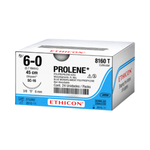 Prolene 6-0 (Ethicon) — Sutura Polipropileno, aguja 3/8 circulo 16 mm, hebra 45 cm azul · REF 8160T
