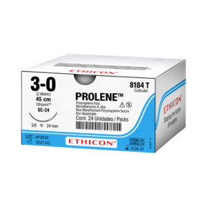 Prolene 3-0 (Ethicon) — Sutura Polipropileno, aguja 3/8 circulo 24 mm, hebra 45 cm azul · REF 8184T