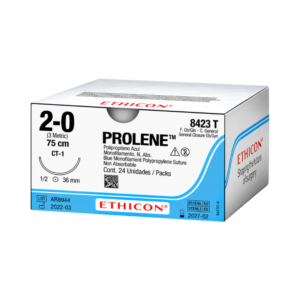 Prolene 2-0 (Ethicon) — Sutura Polipropileno, aguja 1/2 circulo 36 mm, hebra 75 cm azul · REF 8423T