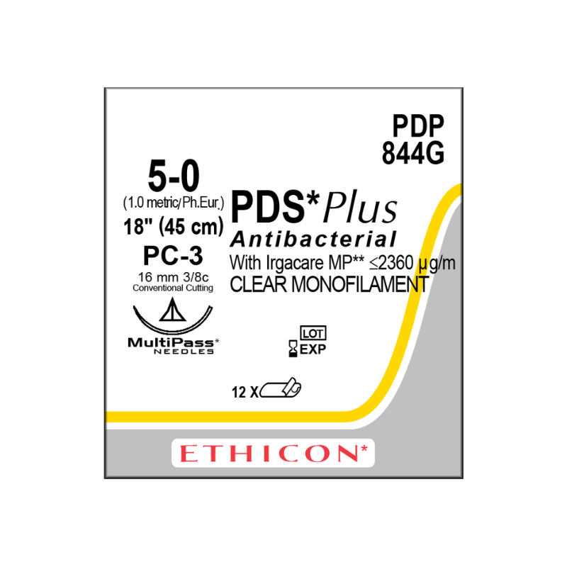 PDS*II Plus Antibacterial 5-0 PC-3/16mm-45cm, 3/8 circulo clear monofilamento caja x 12 unidades – Ethicon
