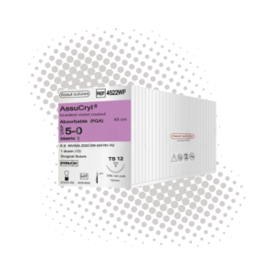 Sutura PGA 5-0 (Assut) — Sutura PGA, aguja 3/8 circulo 12 mm, hebra 45 cm blanca · REF 4522WF