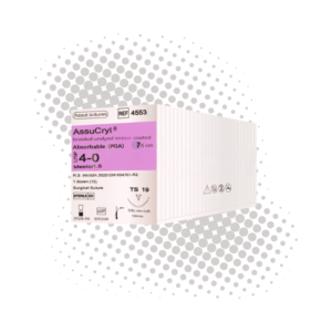 Sutura PGA 4-0 (Assut) — Sutura PGA, aguja 3/8 circulo 19 mm, hebra 75 cm violeta · REF 4553