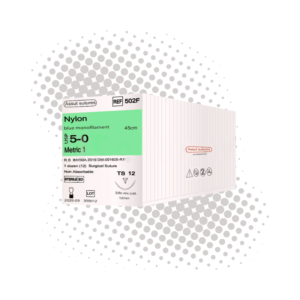 Nylon 5-0 (Assut) — Sutura Nylon, aguja 3/8 circulo 12 mm, hebra 45 cm azul · REF 502F