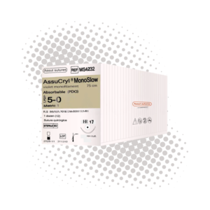 Assucryl Monoslow 5-0 (Assut) — Sutura PDO, aguja 1/2 circulo 17 mm, hebra 75 cm violeta · REF MS4232