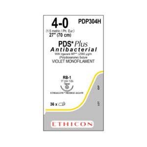 PDSII Plus Antibacterial 4-0 (Ethicon) — Sutura PDO, aguja 1/2 circulo 17 mm, hebra 70 cm violeta · REF PDP304H