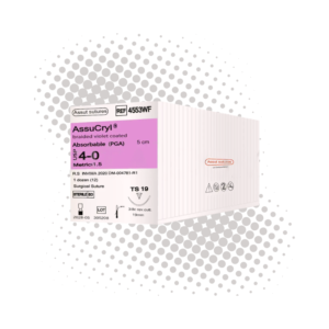 Sutura PGA 4-0 (Assut) — Sutura PGA, aguja 3/8 circulo 19 mm, hebra 45 cm violeta · REF 4553WF