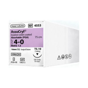 Sutura PGA 4-0 (Assut) — Sutura PGA, aguja 3/8 circulo 19 mm, hebra 75 cm violeta · REF 4553