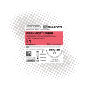 Assucryl Rapid 1 (Assut) — Sutura PGA-PGCL, aguja 1/2 circulo 38 mm, hebra 90 cm transparente · REF R4347WN