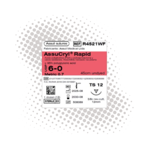 Assucryl Rapid 6-0 (Assut) — Sutura PGA-PGCL, aguja 3/8 circulo 12 mm, hebra 45 cm transparente · REF R4521WF