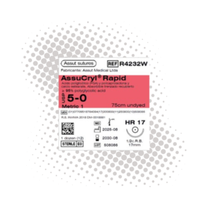 Assucryl Rapid 5-0 (Assut) — Sutura PGA-PGCL, aguja 1/2 circulo 17 mm, hebra 75 cm transparente · REF R4232W